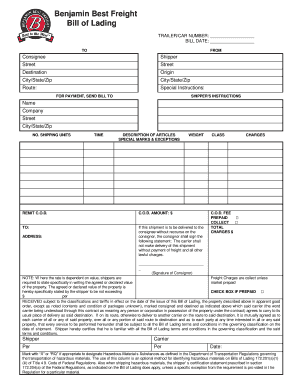 Benjamin Best Freight Bill of Lading