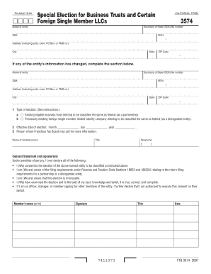California Form FTB 3574 Special Election for Business Trusts and Foreign Single Member LLCs