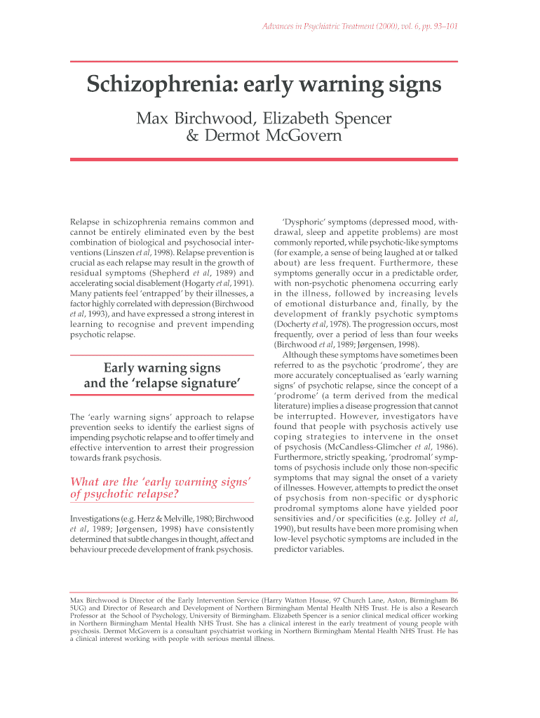 Fillable Online Schizophrenia early warning signs Advances in APT Fax Email Print pdfFiller