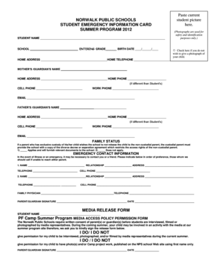 Norwalk Public Schools Student Emergency Information Card