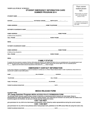 Student Emergency Information Card