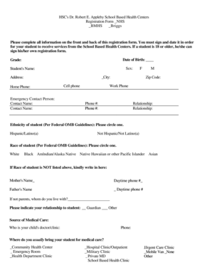 HSC Student Health Center Registration Form