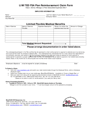 LIMITED FSA Plan Reimbursement Claim Form Vision, Dental, Mileage, &amp