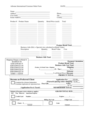 Arbonne International Customer Order Form