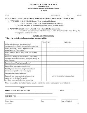 Interscholastic Sports Health History Update Form