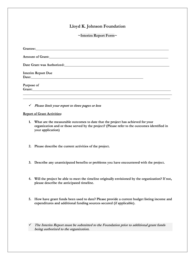 Fillable Online lloydkjohnsonfoundation Interim Report Form - Lloyd K ...