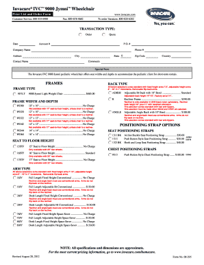 Invacare IVC 9000 Jymni Wheelchair Order Form