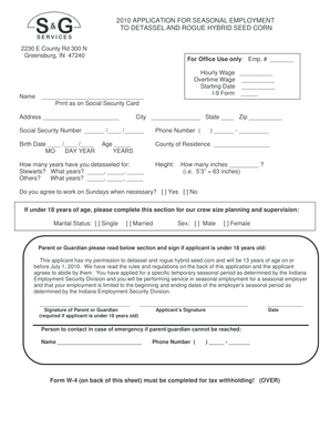 2010 Seasonal Employment Application for Detasseling Corn
