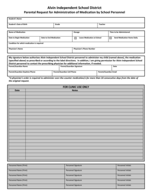 Alvin ISD Medication Administration Request Form
