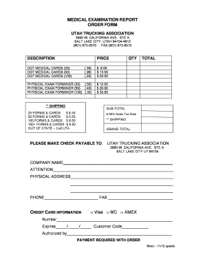 Utah Trucking Association DOT Medical Cards Order Form