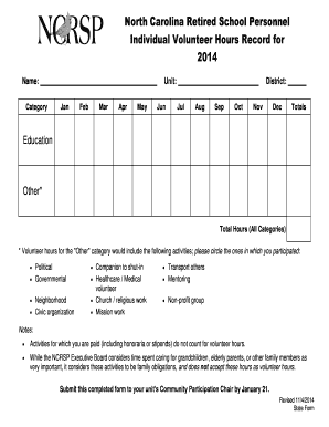 North Carolina Retired School Personnel Volunteer Hours Record