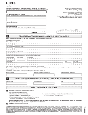 Request for Transmission – Surviving Joint Holder(s) Form