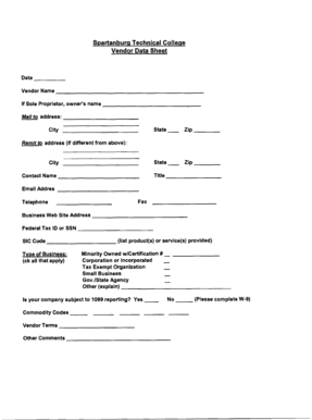 Vendor Data Sheet and W-9 Form