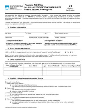 2015-2016 Federal Student Aid Verification Worksheet