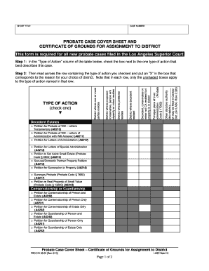 Probate Case Cover Sheet and Certificate of Grounds for Assignment to District