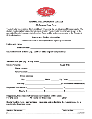 raeding area community college test proctor form