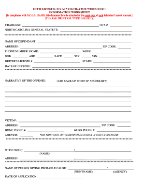 Officer Worksheet for Arrest Warrant