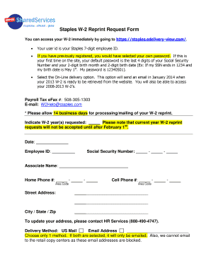 Staples W-2 Reprint Request Form