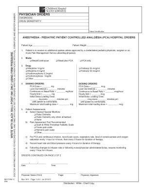 Pediatric Patient Controlled Analgesia (PCA) Hospital Orders
