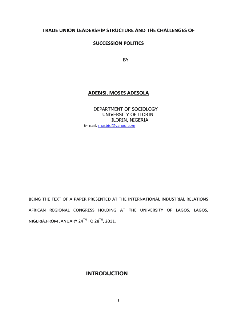 Fillable Online TRADE UNION LEADERSHIP STRUCTURE AND THE CHALLENGES OF