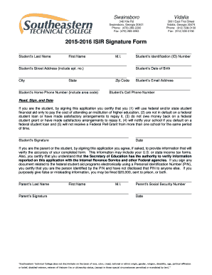 2015-2016 ISIR Signature Form