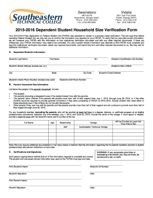 2015-2016 Dependent Student Household Size Verification Form