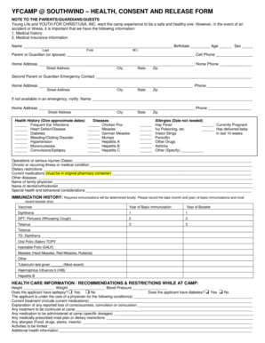Youth For Christ Camp Health Consent and Release Form