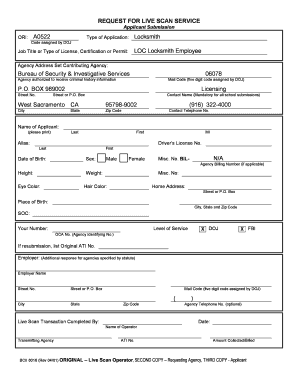 California Locksmith Employee Live Scan Form