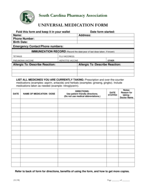 South Carolina Universal Medication Form