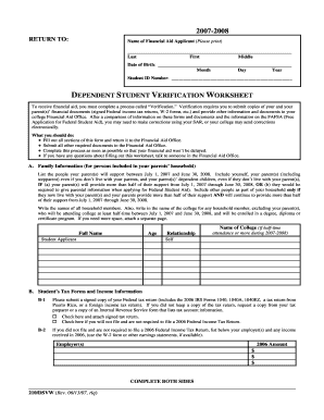Dependent Student Verification Worksheet