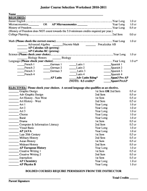 Junior Course Selection Worksheet