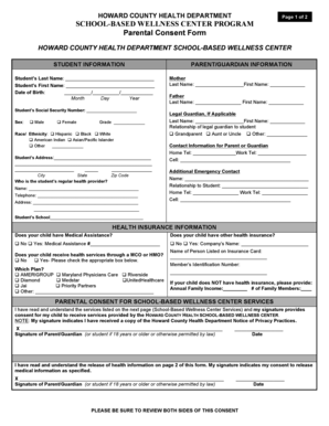 Howard County School-Based Wellness Center Parental Consent Form