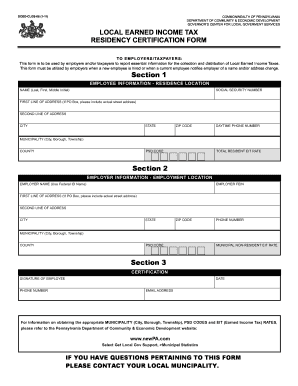 Pennsylvania Local Earned Income Tax Residency Certification Form