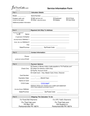 Service Information Form for Calculators