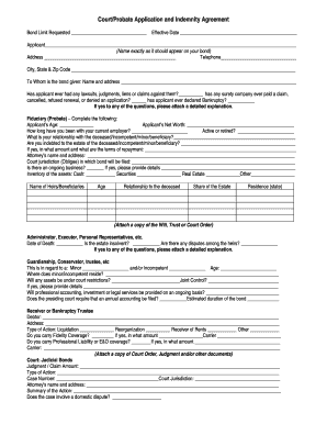 Court Bond Application and Indemnity Agreement