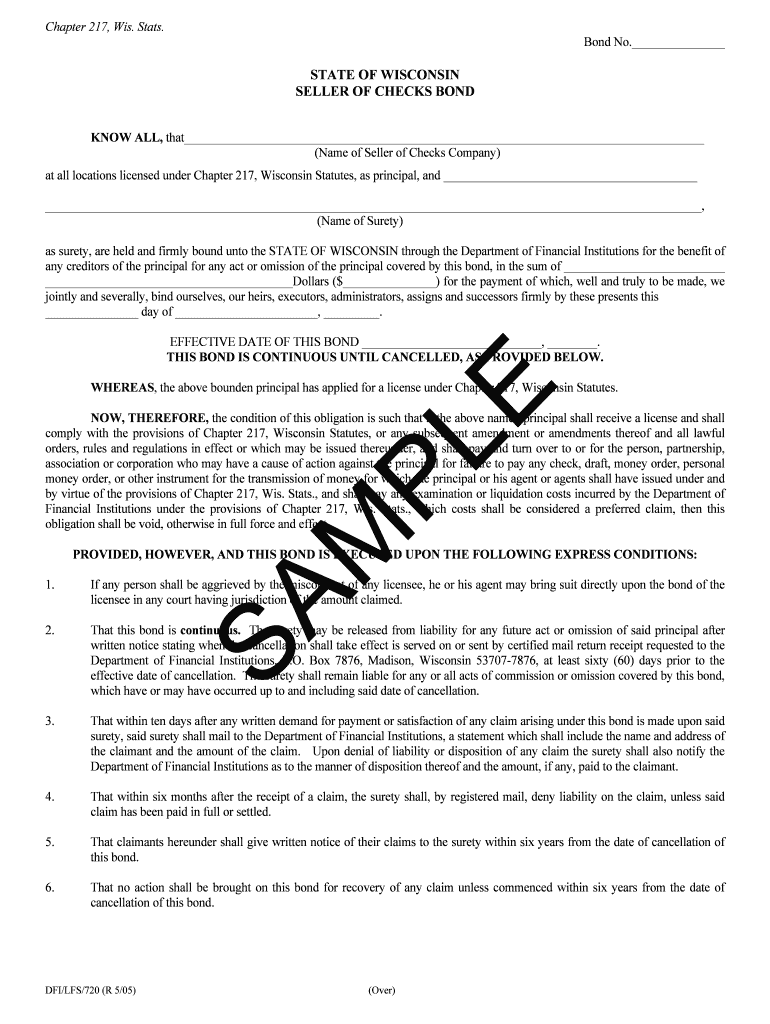 Fillable Online STATE OF WISCONSIN SELLER OF CHECKS BOND Surety Bonds Fax Email Print pdfFiller