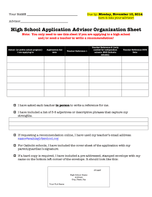 High School Application Advisor Organization Sheet