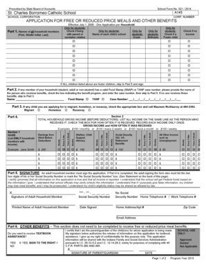 School Form 521 Application for Free or Reduced Price Meals