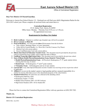 Student Enrollment Form for Aurora East School District 131