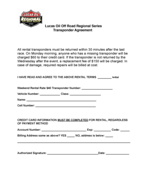 Lucas Oil Off Road Regional Series Transponder Agreement