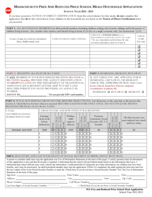 Massachusetts Free and Reduced Price School Meals Application