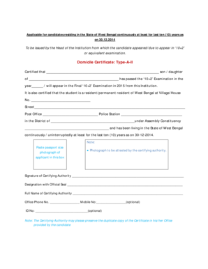 West Bengal Domicile Certificate for 10+2 Students