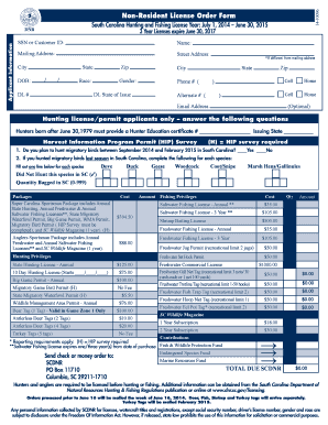 South Carolina Non-Resident Hunting and Fishing License Order Form