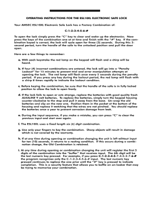 AMSEC ESL10XL Electronic Safe Lock Operating Instructions