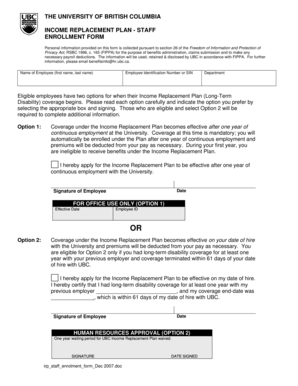 UBC Staff Income Replacement Plan Enrollment Form