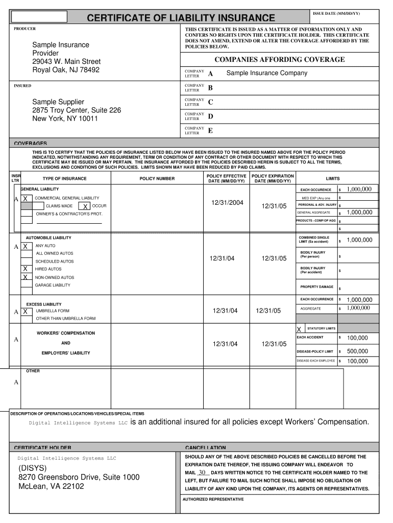 DISYS sample Insurance form for subs and 1099s doc Preview on Page 1