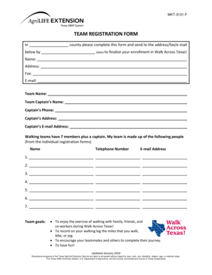 Walk Across Texas Team Registration Form