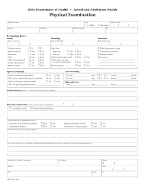Ohio School Physical Examination Form