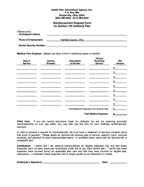 Reimbursement Request Form for Section 125 Cafeteria Plan