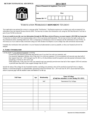 2014-2015 Verification Worksheet Dependent Student